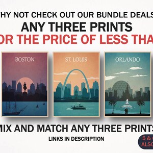 May include: Three city skyline prints with a blue, green, and purple colour scheme. The prints feature Boston, St. Louis, and Orlando. The text "ANY THREE PRINTS" and "3 FOR THE PRICE OF LESS THAN 2" is displayed above the prints. The text "OVER 33% DISCOUNT" is displayed in a red circle in the top right corner. The text "MIX AND MATCH ANY THREE PRINTS" is displayed below the prints. The text "LINKS IN DESCRIPTION" is displayed below the text "MIX AND MATCH ANY THREE PRINTS". The text "5 & 6 BUNDLES ALSO AVAILABLE" is displayed in a red rectangle in the bottom right corner.