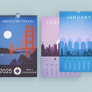 Calendar 2025 | 2025 US cities travel Calendar(double-sided printing) Wall Calendar Travel Gift Monthly Calendar American travel print