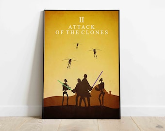 May include: A framed poster with a scene from "Star Wars: Attack of the Clones." The artwork shows silhouettes of characters with lightsabers, set against a yellow and brown backdrop. The title "Attack of the Clones" is displayed at the top of the poster.