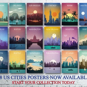 May include: A collage of 18 colourful city skyline posters featuring iconic landmarks and buildings. The posters are arranged in a grid with the city name printed at the top of each poster. The text at the bottom reads "18 US CITIES POSTERS NOW AVAILABLE START YOUR COLLECTION TODAY".