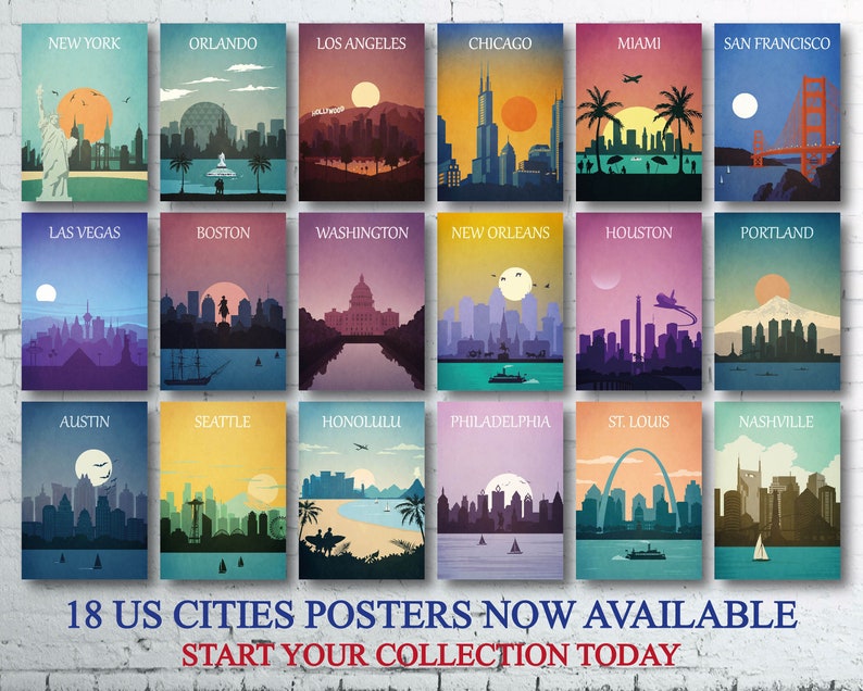 May include: A collage of 18 colourful city skyline posters featuring iconic landmarks and buildings. The posters are arranged in a grid with the city name printed at the top of each poster. The text at the bottom reads "18 US CITIES POSTERS NOW AVAILABLE START YOUR COLLECTION TODAY".