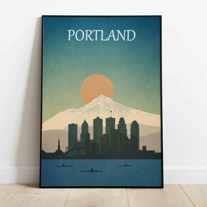 May include: A retro-style poster featuring a cityscape silhouette of Portland, Oregon, with Mount Hood and a setting sun. The poster has a blue, green, and orange colour scheme and the text "PORTLAND" at the top.