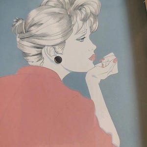 May include: Illustration of a woman in profile, with a bouffant hairstyle and a red top. She has a black earring and is touching her lips with her fingers, which have red nail polish. The background is a light blue.