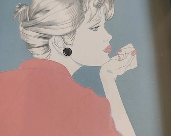 Robert Blue Patrick Nagel ? Serigraph "Suzane" Portrait Signed Framed 14 X 11 "