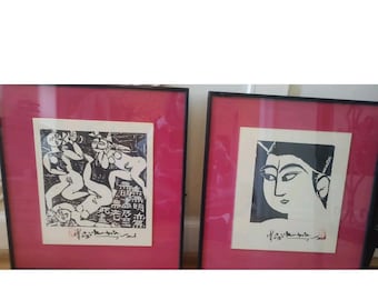 Shiko Munakata Woodblock Prints (Pair), Signed, Framed, Red Matting, Asian Wall Art