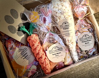 Doggy Easter Tasty Dog Treat Box Hamper! Doggy Popcorn, cheese bones, doggy chocolate +  more! Optional rope toy, Free personalised message!