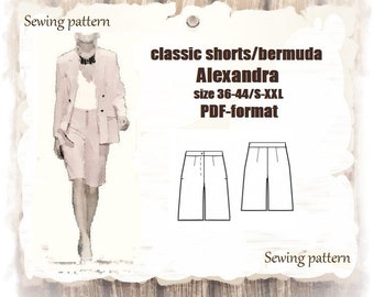 Classic shorts/bermuda with shaped waistband and side seam pockets size 36-44EU/ 6-14US multi-size sewing pattern PDF-file