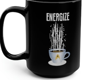 Trekkie Energize Large Black Mug.  Gift for Trekker, SyFy Fan. 1960s TV Show.