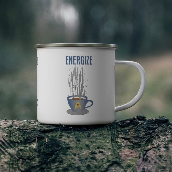 Small Energize Trekkie Enamel Camping Mug. Holds 12 Fluid Ounces. Gift for the SyFy Trekker. 1960s TV Show.