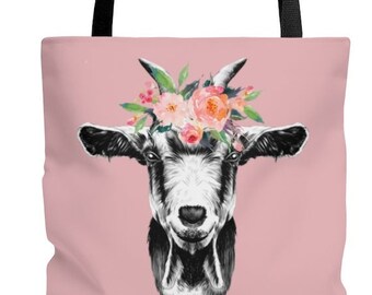 Pretty Goat with Flower Wreath on a Pink Tote Bag. Gift for Goat Lover. Barnyard/Farm Animal.