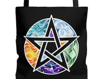 Elements of Nature Pentagram Tote Bag.  Fire, Water, Earth, Air.  3 Sizes Available.