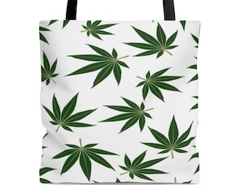 Marijuana Green Leaves Tote Bag on  a White Background.  Sturdy, Washable Tote Bag. 3 Sizes Available.