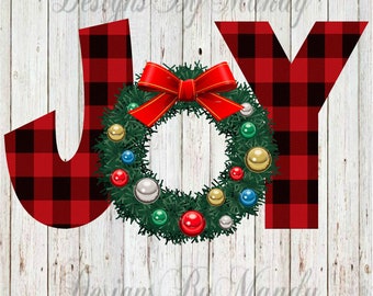 Joy Buffalo Plaid PNG, Christmas PNG, Joy PNG, Christmas Wreath Digital Download, Christmas Digital Download, Christmas Sublimation