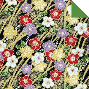May include: A black background with a repeating pattern of gold, white, red, and purple flowers. The flowers are stylised and have a traditional Japanese design.