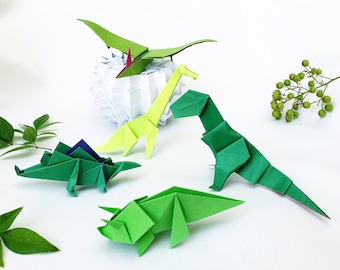 Juego de 5 dinosaurios de origami, arte hecho a mano en papel, amantes de los dinosaurios, idea de regalo, decoración de la oficina en casa, fiesta de dinosaurios, regalo bajo