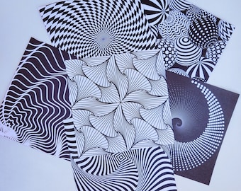 Puede incluir: Cinco hojas de papel con patrones en blanco y negro con diseños de ilusión óptica. Los diseños incluyen una espiral, una serie de círculos concéntricos, un patrón geométrico y un patrón ondulado.
