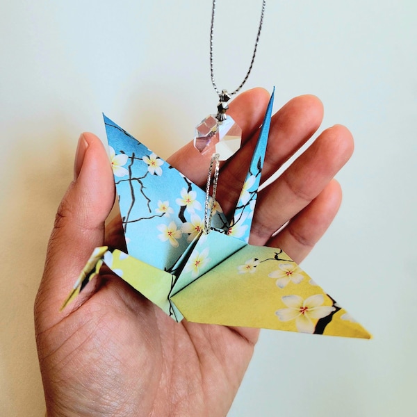 Origami Crane with Crystal, Japanese Lucky Charm, Hanging Bird Ornament, Japanese Wishing Crane, Birthday Gift, Housewarming, Get Well