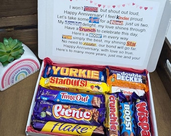 Personalised Happy Anniversary Chocolate Gift Box | Chocolate Poem Letterbox Hamper | Cadbury, Kinder & Nestle Treats