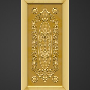Puede incluir: Panel rectangular dorado con un dise&ntilde;o floral y geom&eacute;trico en relieve. El panel presenta un motivo central ovalado con una textura tejida, rodeado de detalles de volutas y acentos circulares. El texto "+91-7499566278" y "cncdesignsstore.etsy.com" son visibles.
