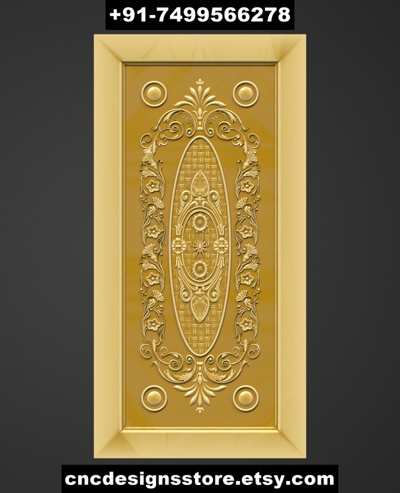 Puede incluir: Panel rectangular dorado con un dise&ntilde;o floral y geom&eacute;trico en relieve. El panel presenta un motivo central ovalado con una textura tejida, rodeado de detalles de volutas y acentos circulares. El texto "+91-7499566278" y "cncdesignsstore.etsy.com" son visibles.