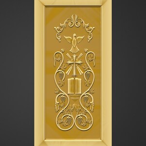 Puede incluir: Panel rectangular dorado con un dise&ntilde;o religioso tallado. El dise&ntilde;o incluye una paloma, una cruz, un libro abierto y vides. El texto "+91-7499566278" y "cncdesignsstore.etsy.com" est&aacute;n en la parte superior e inferior del panel.