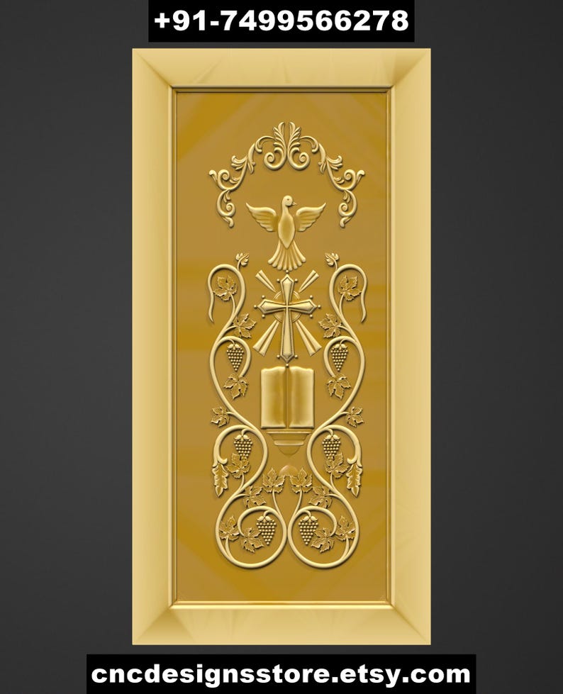 Puede incluir: Panel rectangular dorado con un dise&ntilde;o religioso tallado. El dise&ntilde;o incluye una paloma, una cruz, un libro abierto y vides. El texto "+91-7499566278" y "cncdesignsstore.etsy.com" est&aacute;n en la parte superior e inferior del panel.