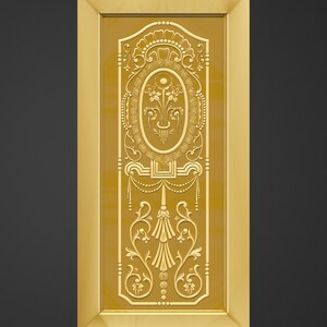 Puede incluir: Una puerta dorada con intrincadas tallas florales y ornamentales. El dise&ntilde;o presenta una pieza central ovalada con un motivo floral, rodeada de detalles de volutas y elementos decorativos. Los textos "+91-7499566278" y "cncdesignsstore.etsy.com" son visibles.