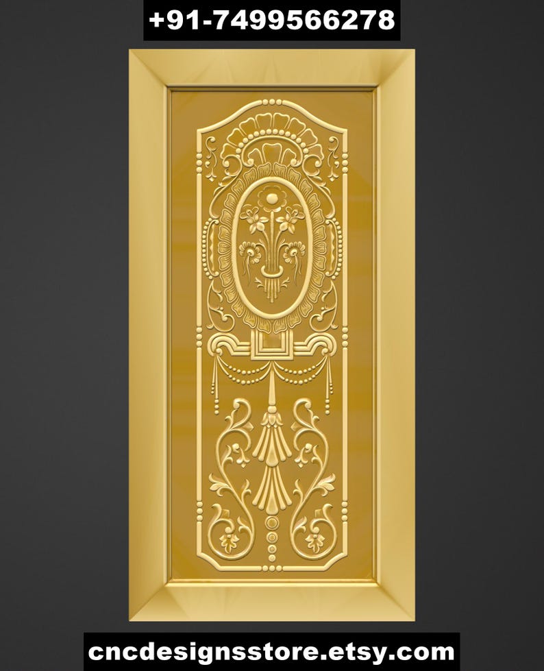 Puede incluir: Una puerta dorada con intrincadas tallas florales y ornamentales. El dise&ntilde;o presenta una pieza central ovalada con un motivo floral, rodeada de detalles de volutas y elementos decorativos. Los textos "+91-7499566278" y "cncdesignsstore.etsy.com" son visibles.