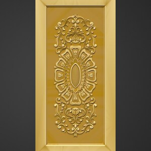 Puede incluir: Una puerta de madera rectangular de color dorado con intrincadas tallas florales. La puerta presenta un dise&ntilde;o ovalado central rodeado de patrones sim&eacute;tricos y arremolinados. El marco tambi&eacute;n es dorado, y el nombre de la tienda Etsy es visible en la parte inferior.