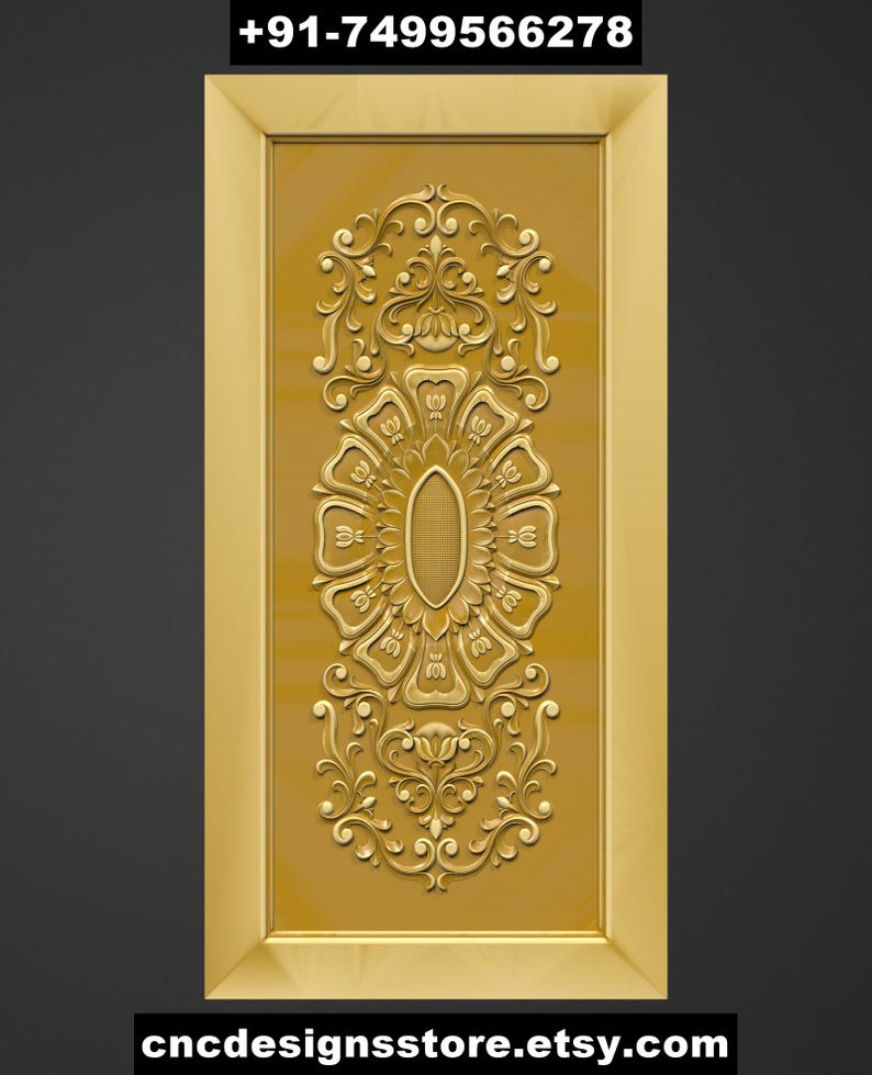Puede incluir: Una puerta de madera rectangular de color dorado con intrincadas tallas florales. La puerta presenta un dise&ntilde;o ovalado central rodeado de patrones sim&eacute;tricos y arremolinados. El marco tambi&eacute;n es dorado, y el nombre de la tienda Etsy es visible en la parte inferior.