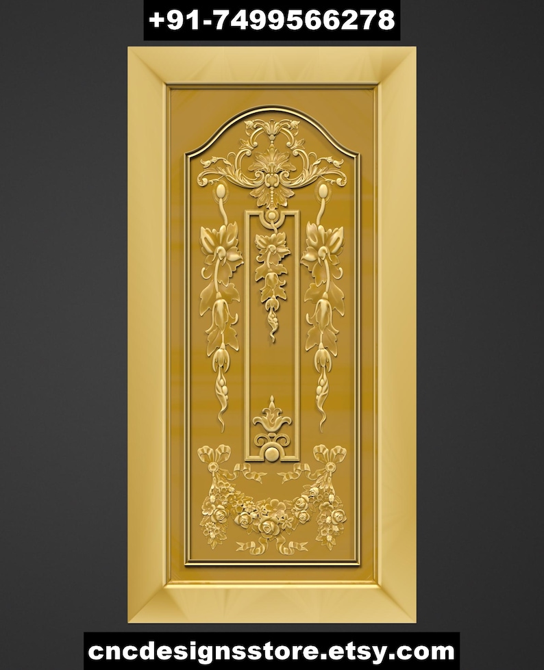 Puede incluir: Un panel de puerta de color dorado con intrincadas tallas florales y de volutas. El dise&ntilde;o presenta patrones sim&eacute;tricos de hojas, flores y elementos decorativos. El marco es de un tono dorado m&aacute;s claro. El texto "+91-7499566278" y "cncdesignsstore.etsy.com" son visibles.