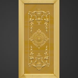 Puede incluir: Panel rectangular dorado con dise&ntilde;os florales y de volutas en relieve. El panel est&aacute; enmarcado en un color dorado a juego. El texto "+91-7499566278" y "cncdesignsstore.etsy.com" son visibles en la parte superior e inferior de la imagen.