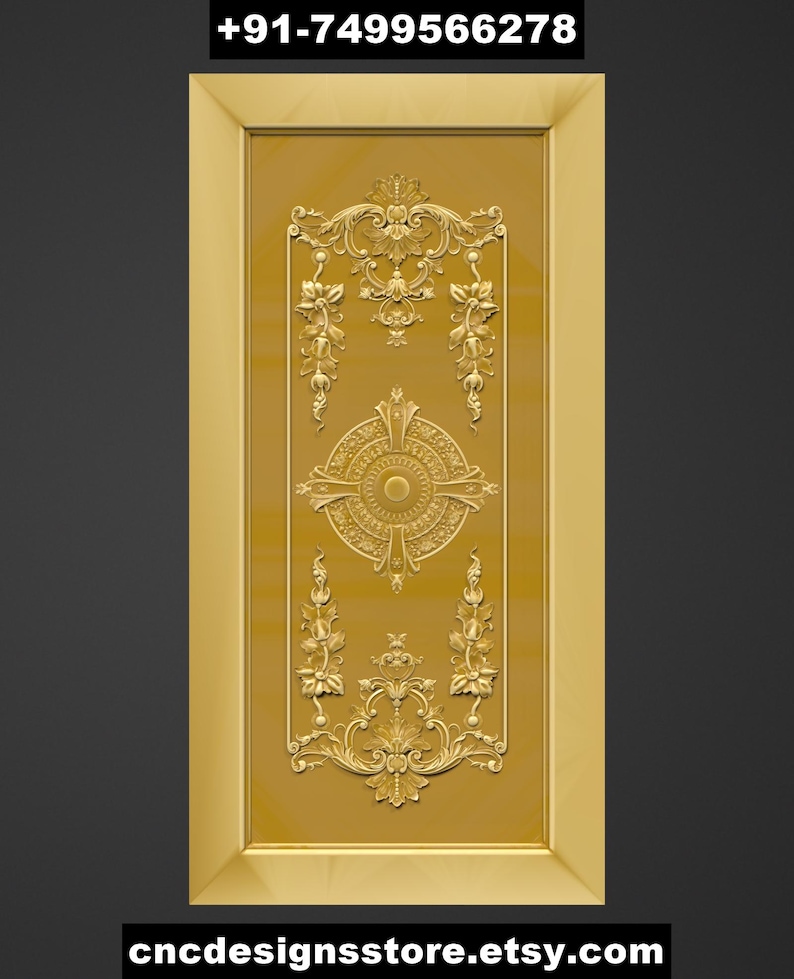 Puede incluir: Panel rectangular dorado con dise&ntilde;os florales y de volutas en relieve. El panel est&aacute; enmarcado en un color dorado a juego. El texto "+91-7499566278" y "cncdesignsstore.etsy.com" son visibles en la parte superior e inferior de la imagen.