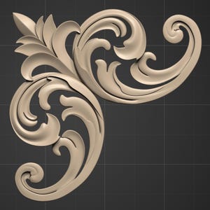 Puede incluir: Una imagen 3D de una pieza de esquina decorativa con un diseño de espiral adornado. La pieza está hecha de un material beige claro y tiene un acabado liso y pulido.