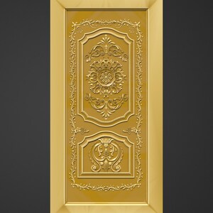 Puede incluir: Una puerta de madera de color amarillo dorado con intrincadas tallas en relieve de motivos florales y de volutas. La puerta presenta un dise&ntilde;o rectangular con un panel central y un panel inferior, ambos con patrones detallados. El texto "+91-7499566278" y "cncdesignsstore.etsy.com" son visibles.