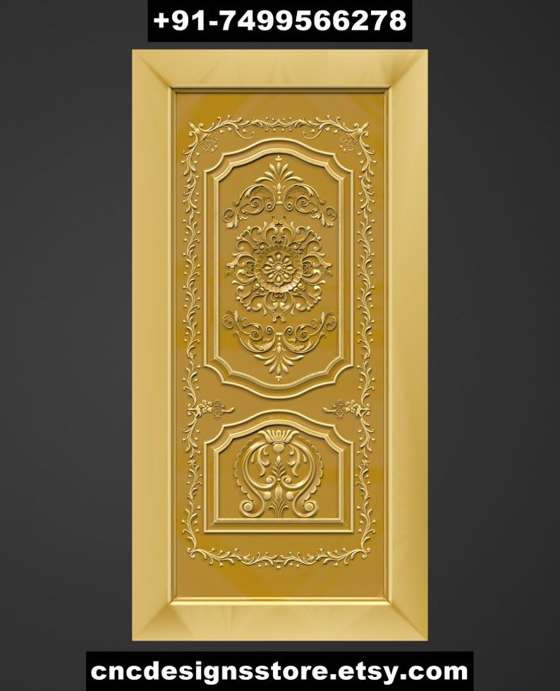 Puede incluir: Una puerta de madera de color amarillo dorado con intrincadas tallas en relieve de motivos florales y de volutas. La puerta presenta un dise&ntilde;o rectangular con un panel central y un panel inferior, ambos con patrones detallados. El texto "+91-7499566278" y "cncdesignsstore.etsy.com" son visibles.