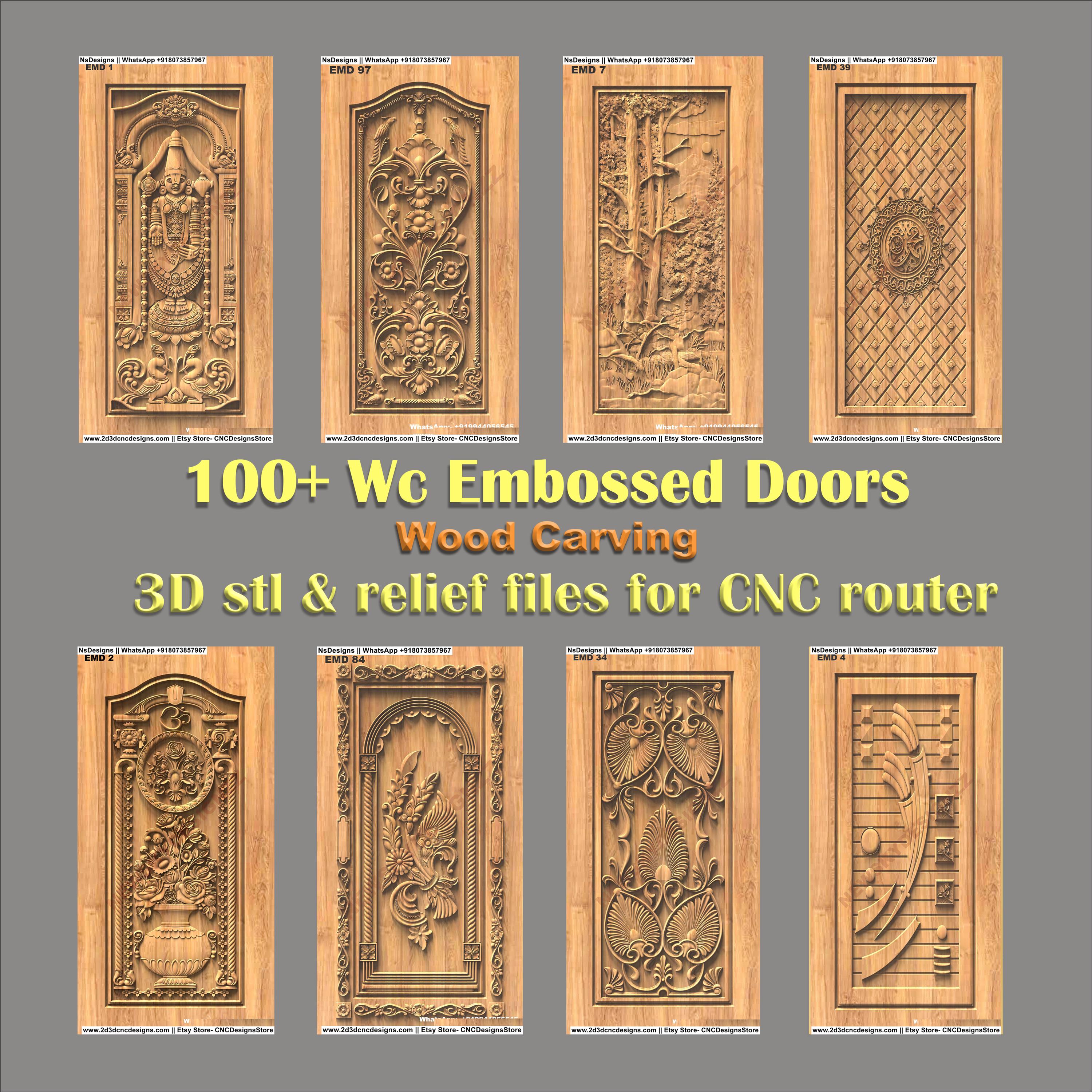 100 Embossed Wood Door CNC Carving Designs: 3D STL & RLF Files