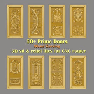 Puede incluir: Se muestran ocho dise&ntilde;os de puertas de madera tallada con patrones de relieve &uacute;nicos. Las puertas son de un color dorado c&aacute;lido. La imagen incluye el texto "50+ Prime Doors Wood Carving 3D stl & relief files for CNC router."