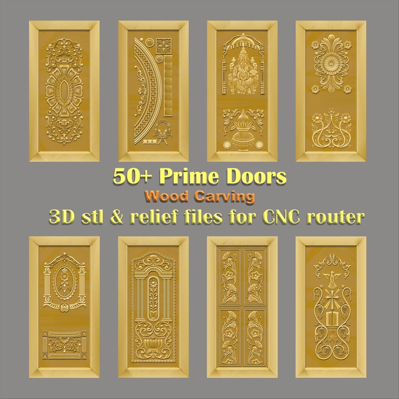 Puede incluir: Se muestran ocho dise&ntilde;os de puertas de madera tallada con patrones de relieve &uacute;nicos. Las puertas son de un color dorado c&aacute;lido. La imagen incluye el texto "50+ Prime Doors Wood Carving 3D stl & relief files for CNC router."