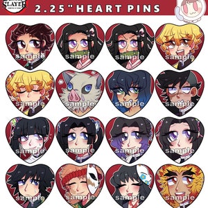 May include: A set of 2.25 inch heart-shaped pins featuring characters from the anime Demon Slayer. The pins are colourful and feature various characters from the show, including Tanjiro, Nezuko, Zenitsu, Inosuke, and more.