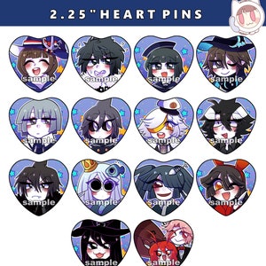 May include: Twelve 2.25 inch heart-shaped pins featuring various anime characters with different expressions. The pins have a blue background with white stars and the text "sample" at the bottom.
