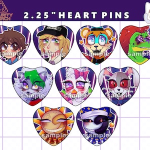 Puede incluir: Nueve pines en forma de corazón de 2,25 pulgadas que representan a varios personajes del videojuego "Security Breach". Los pines están sobre un fondo de cuadrícula con un esquema de color morado y blanco.