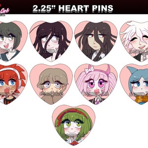 May include: Eight 2.25 inch heart-shaped pins featuring anime-style characters with different colored hair and clothing. The pins are on a white background.