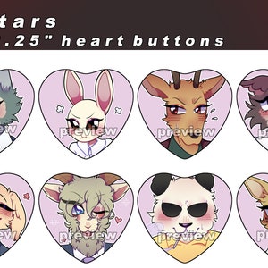 May include: Eight 2.25 inch heart-shaped buttons featuring characters from the anime Beastars. The characters are Legoshi, Haru, Louis, Juno, Jack, Gouhin, Panda, and Riz. Each button has a pink background and a white outline.