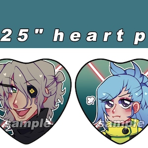 May include: Four 2.25 inch heart-shaped pins featuring anime-style characters. The pins have a green, white, and red color scheme. The characters have different hair colors and styles, including blue, white, and black. The text "Sample" appears on each pin.