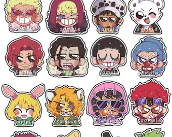 Könnte beinhalten: Ein Set mit 12 bunten 7,6 cm großen Aufklebern mit Charakteren aus dem Anime One Piece. Die Aufkleber sind rund und haben einen weißen Hintergrund mit schwarzen Umrissen. Die Charaktere sind im Chibi-Stil gezeichnet und haben übertriebene Merkmale. Der Text "one piece vol 2. 3" stickers" befindet sich oben im Bild.