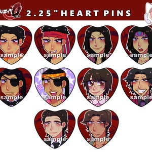 May include: Nine 2.25 inch heart-shaped pins featuring different anime characters with various expressions. The pins are black and white with red accents.