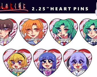 May include: Six 2.25 inch heart-shaped pins featuring anime characters with different colored hair and eyes. The pins have a white background with red splatters and the text "sample" at the bottom.