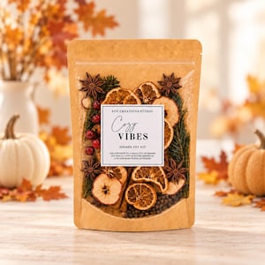 May include: A brown kraft paper pouch containing a simmer pot kit with dried orange slices, star anise, cranberries, and evergreen sprigs. The white label reads Soy Creations Studio Cozy Vibes Simmer Pot Kit with instructions to add water.