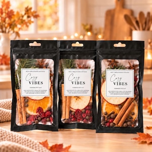 May include: Three black stand-up pouches containing simmer pot kits. Each label reads Soy Creations Studio Cozy Vibes Simmer Pot Kit. The clear windows reveal dried orange slices, cinnamon sticks, star anise, cranberries, and cloves.